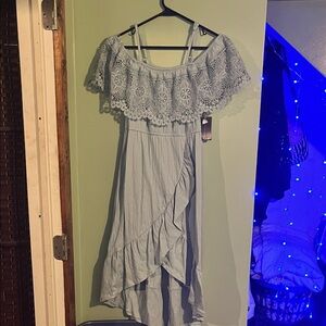 No Boundaries Off-Shoulder Lace Midi Dress - Light Blue